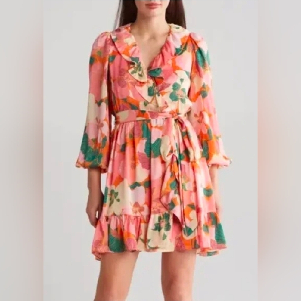Taylor Floral Garden Ruffle, Faux Wrap Dress, Size 4